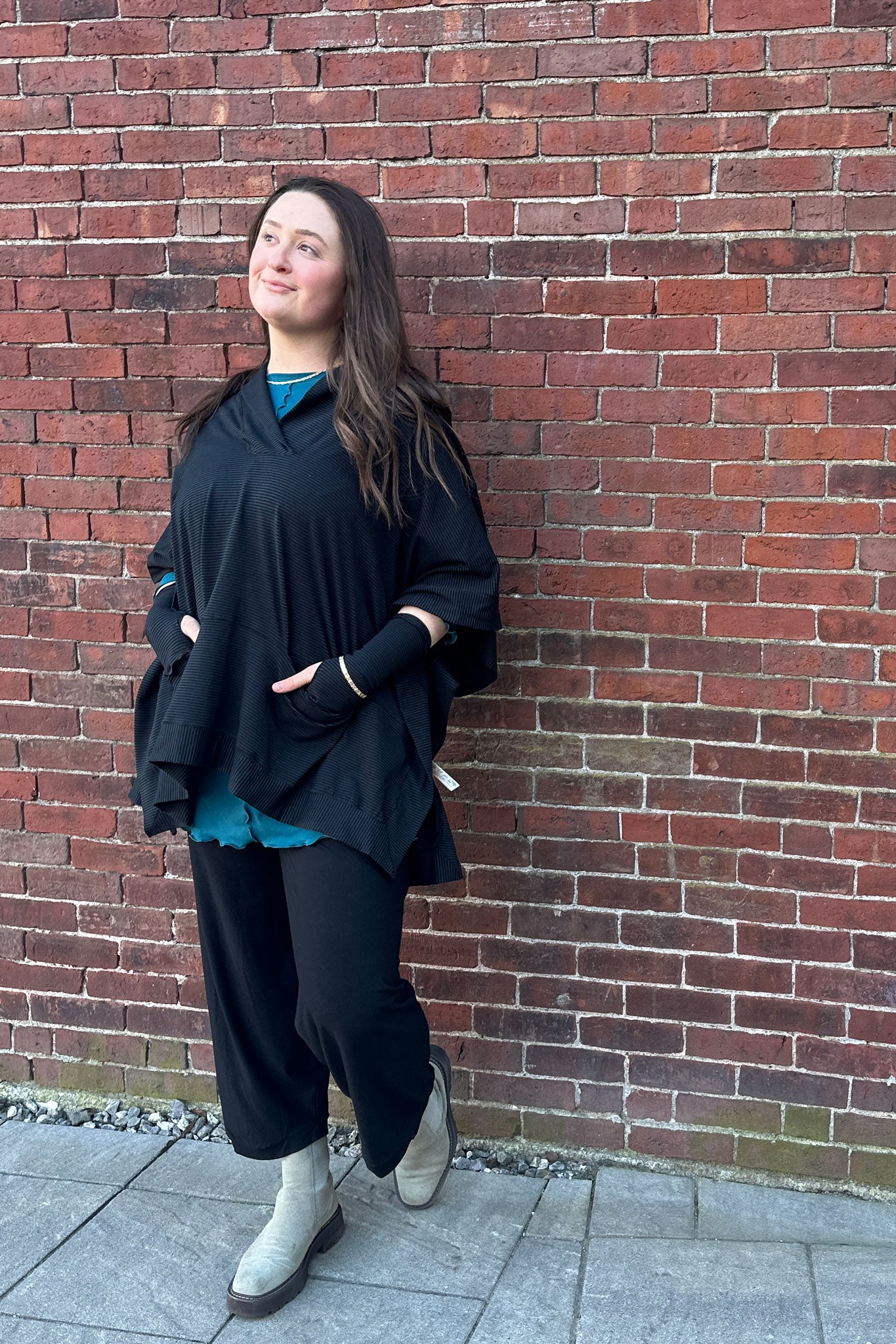 frida in subtle black stripe over swing top in azure bamboo with black bloom pant