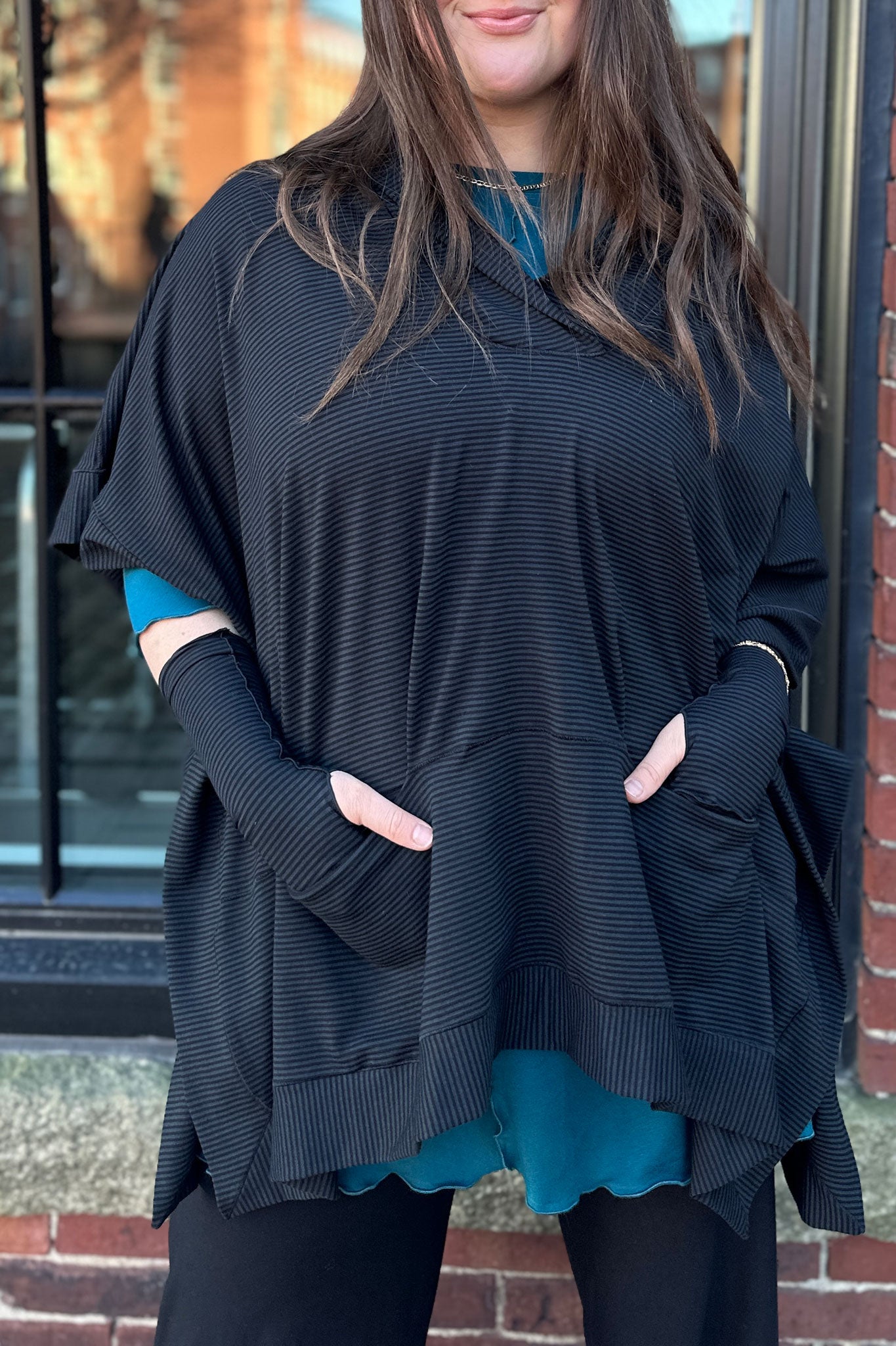 frida in subtle black stripe over swing top in azure bamboo with black bloom pant