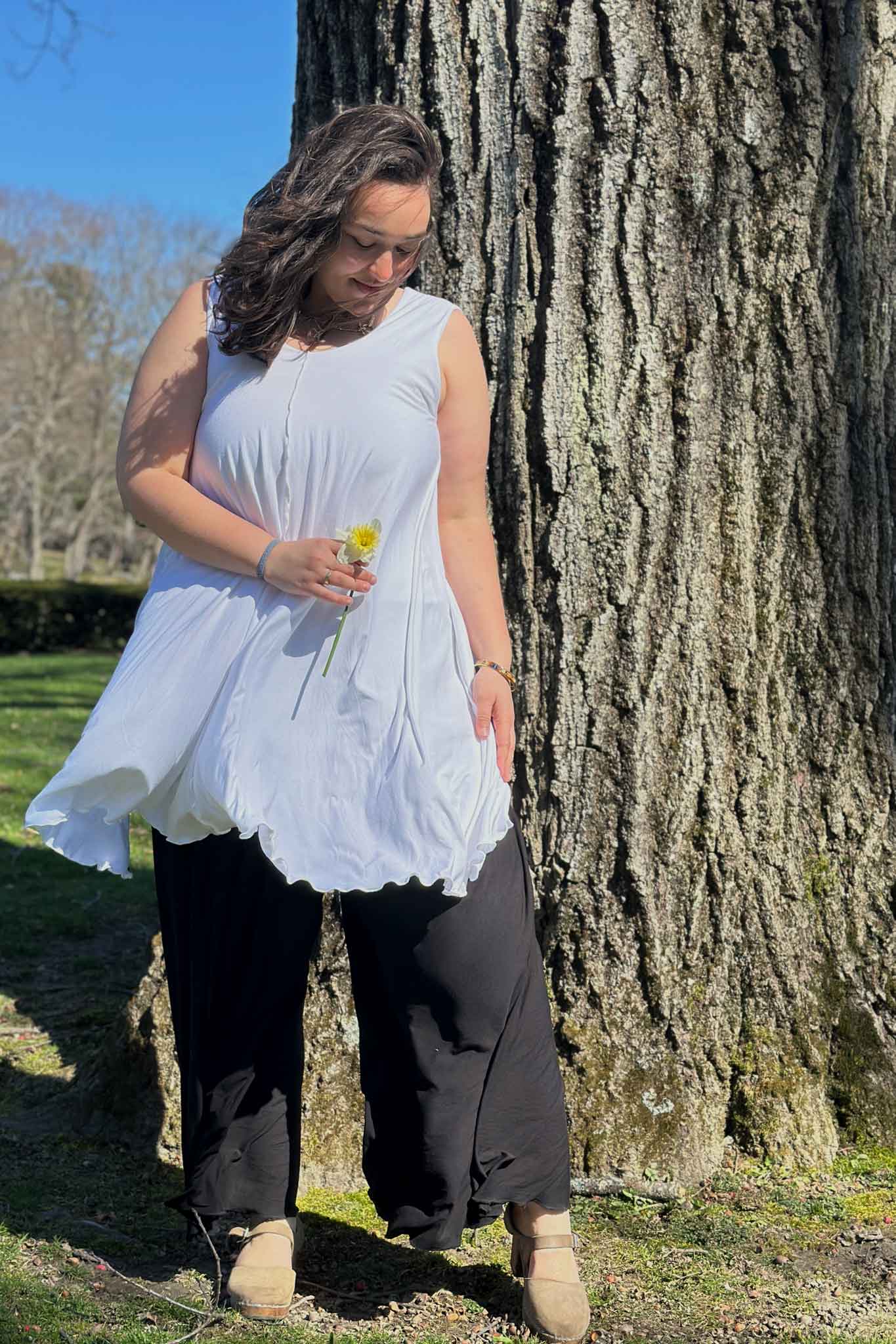 angelrox® dixie dress in tissue white with palazzo pant in black