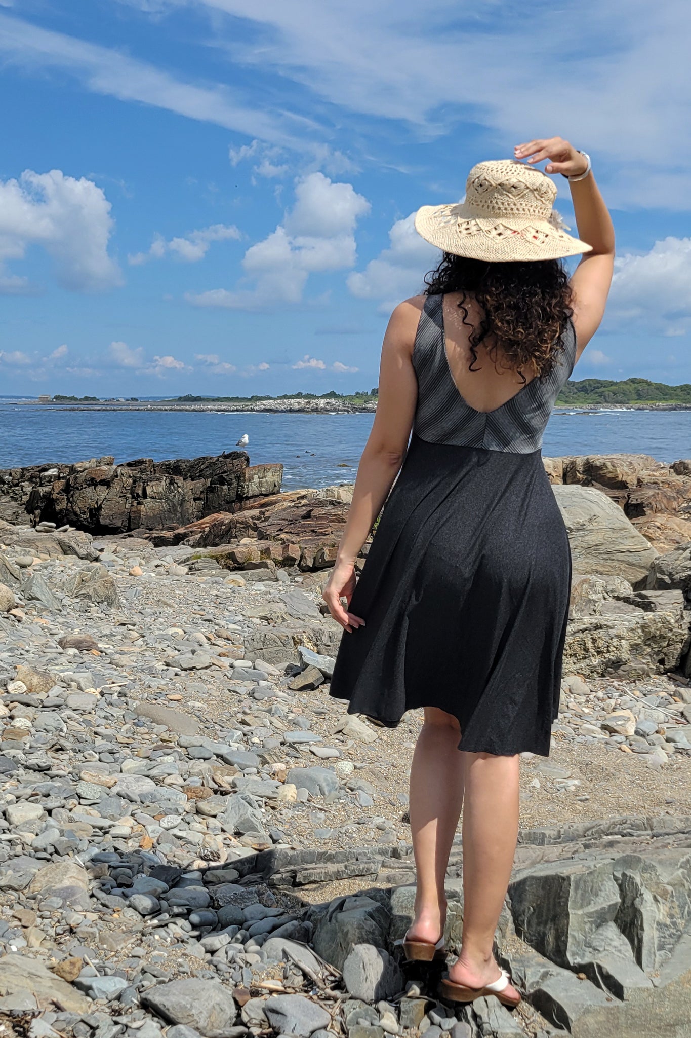 sail away dress in city stripe + lava heather combo