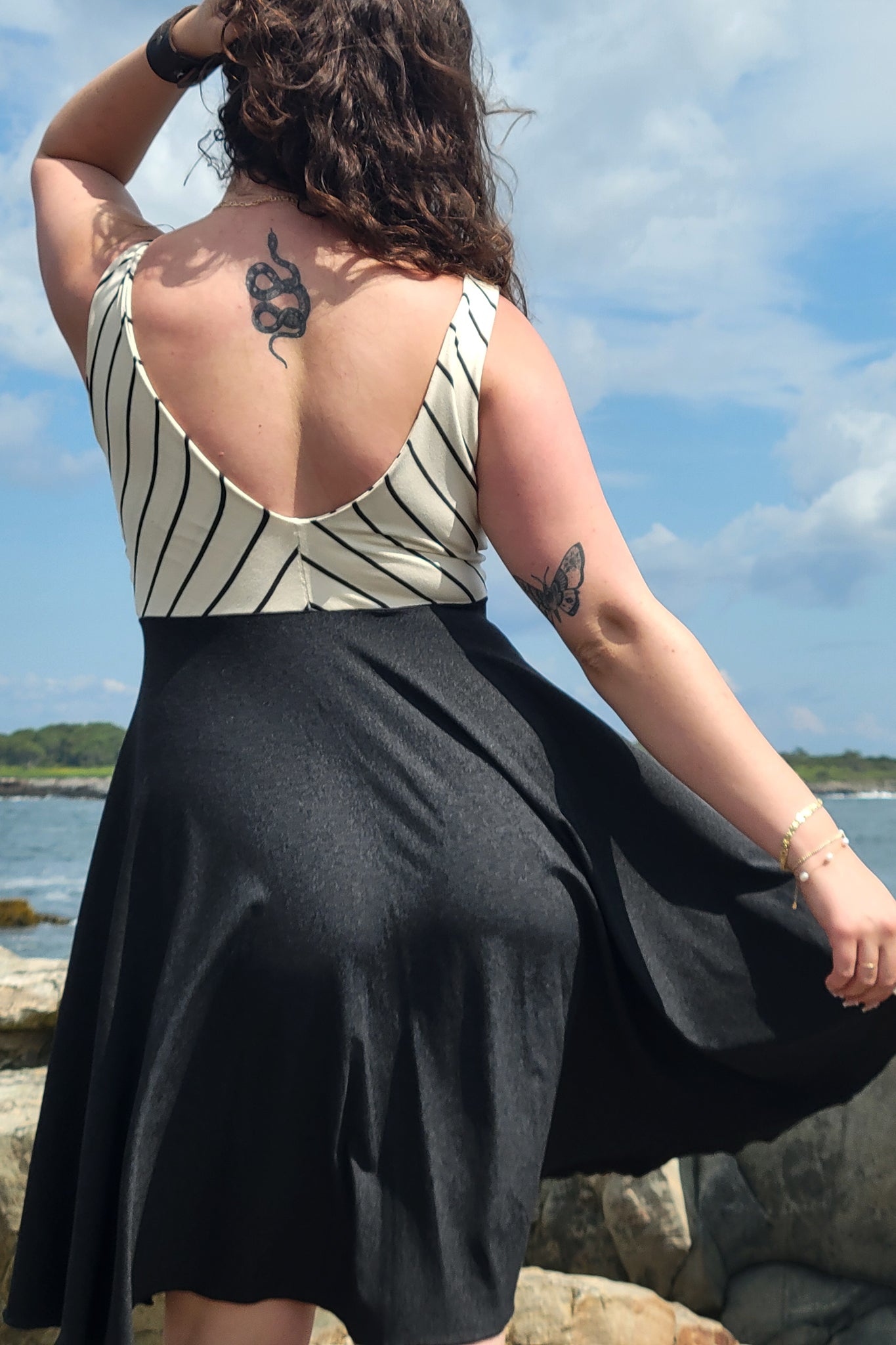 sail away dress in yang stripe + lava heather combo