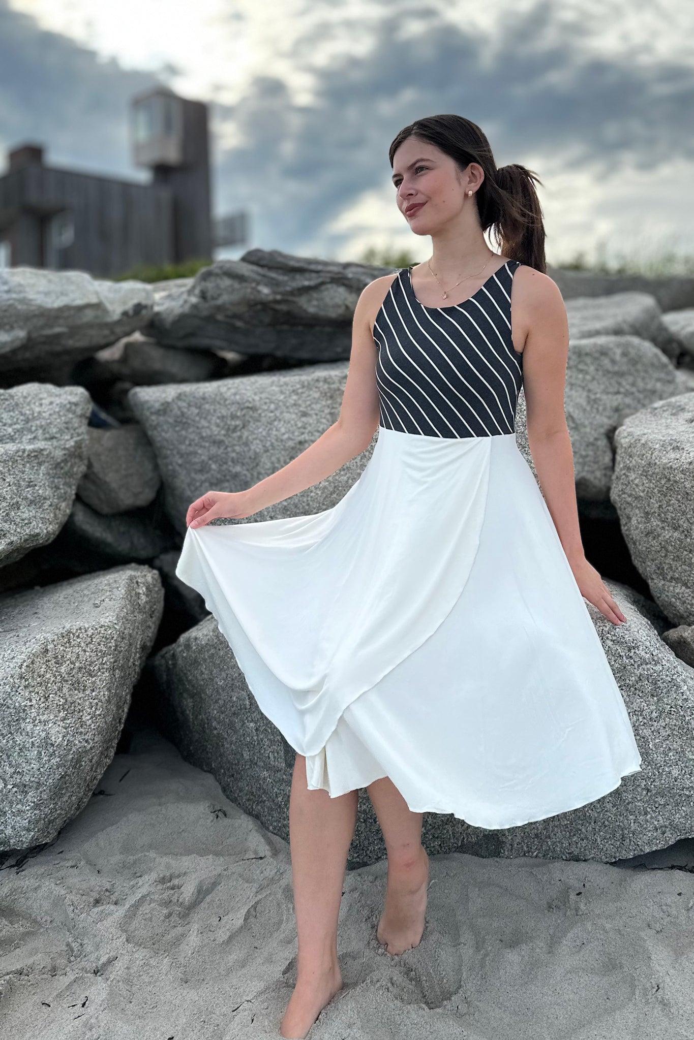 sail away dress in yin stripe + milk bamboo combo