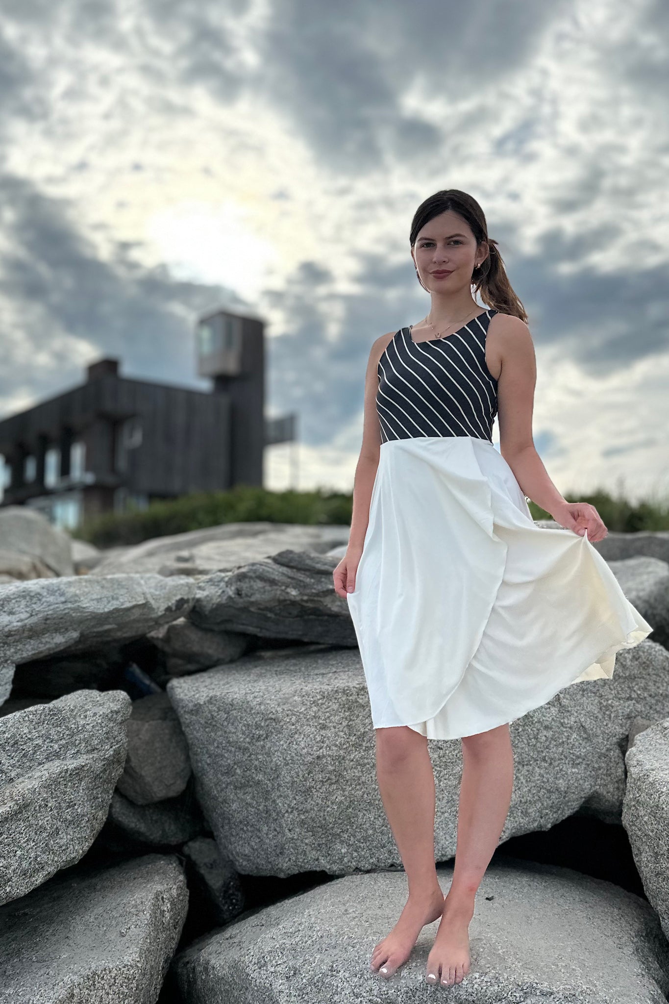 sail away dress in yin stripe + milk bamboo combo