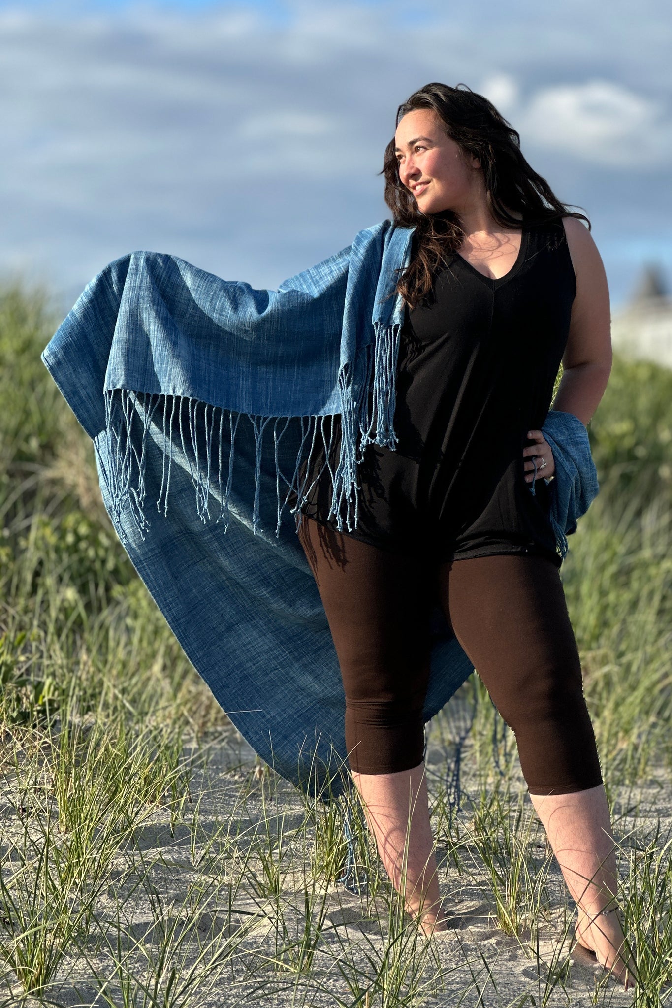 suger® sprout in black with peat capri layered beneath + sun blessed beach throw