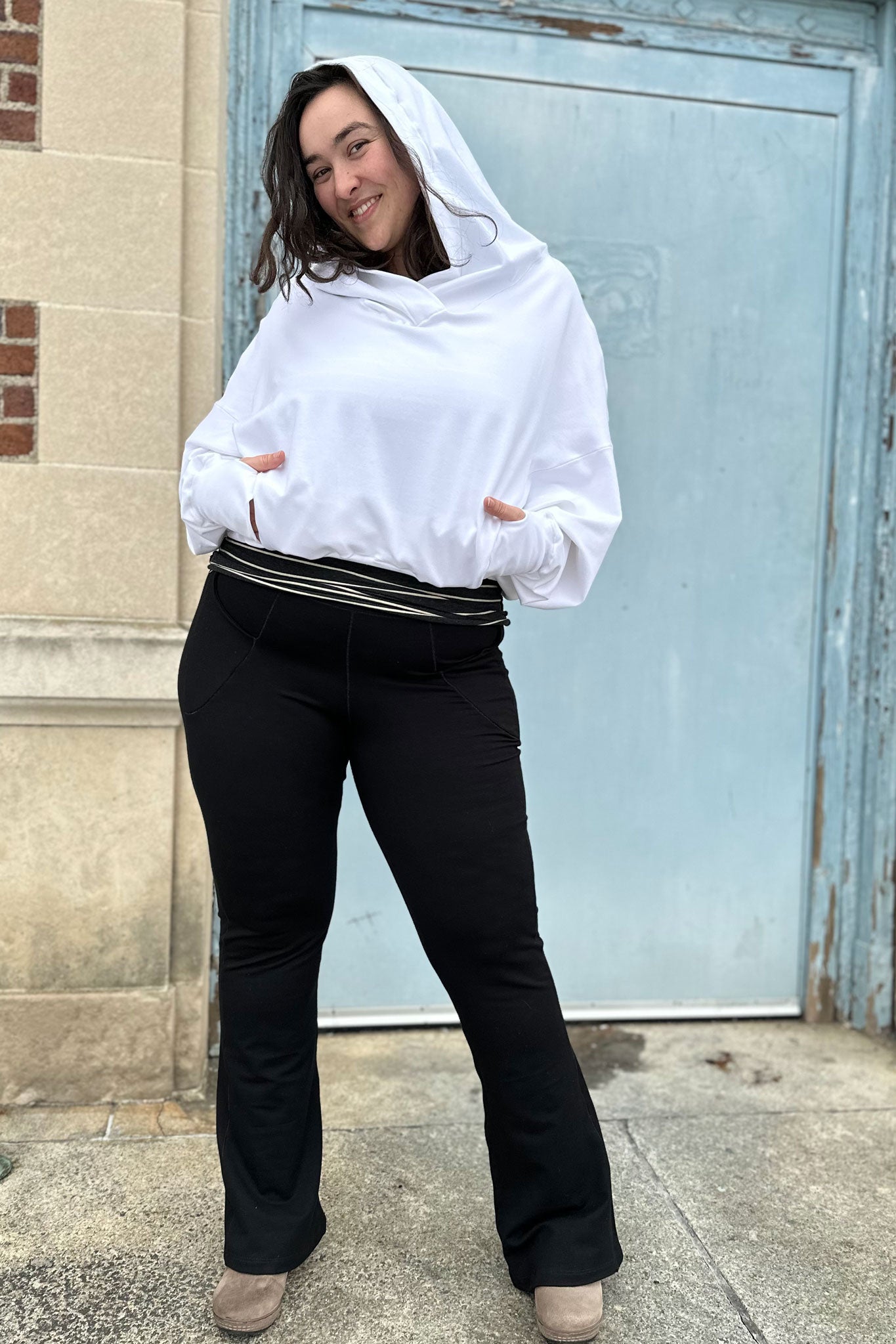 black terry yogi with white terry beachcomber and yin stripe hourglass