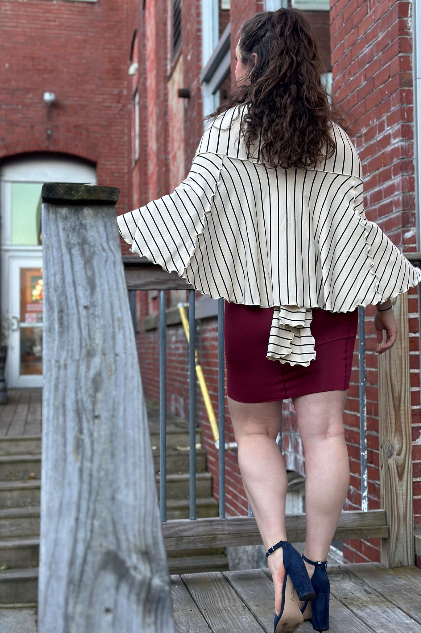 ruby pencil skirt styled as dress with yang stripe girly wrap