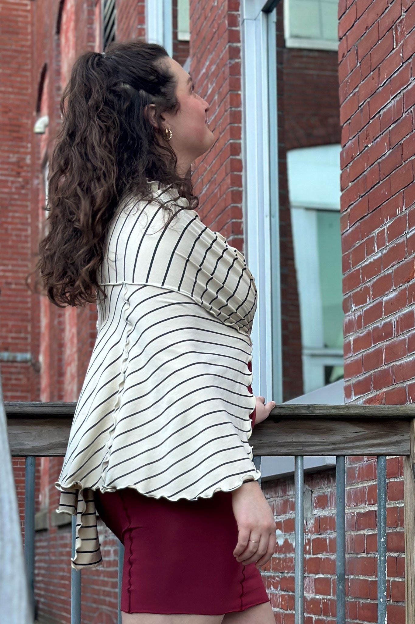 ruby pencil skirt styled as dress with yang stripe girly wrap