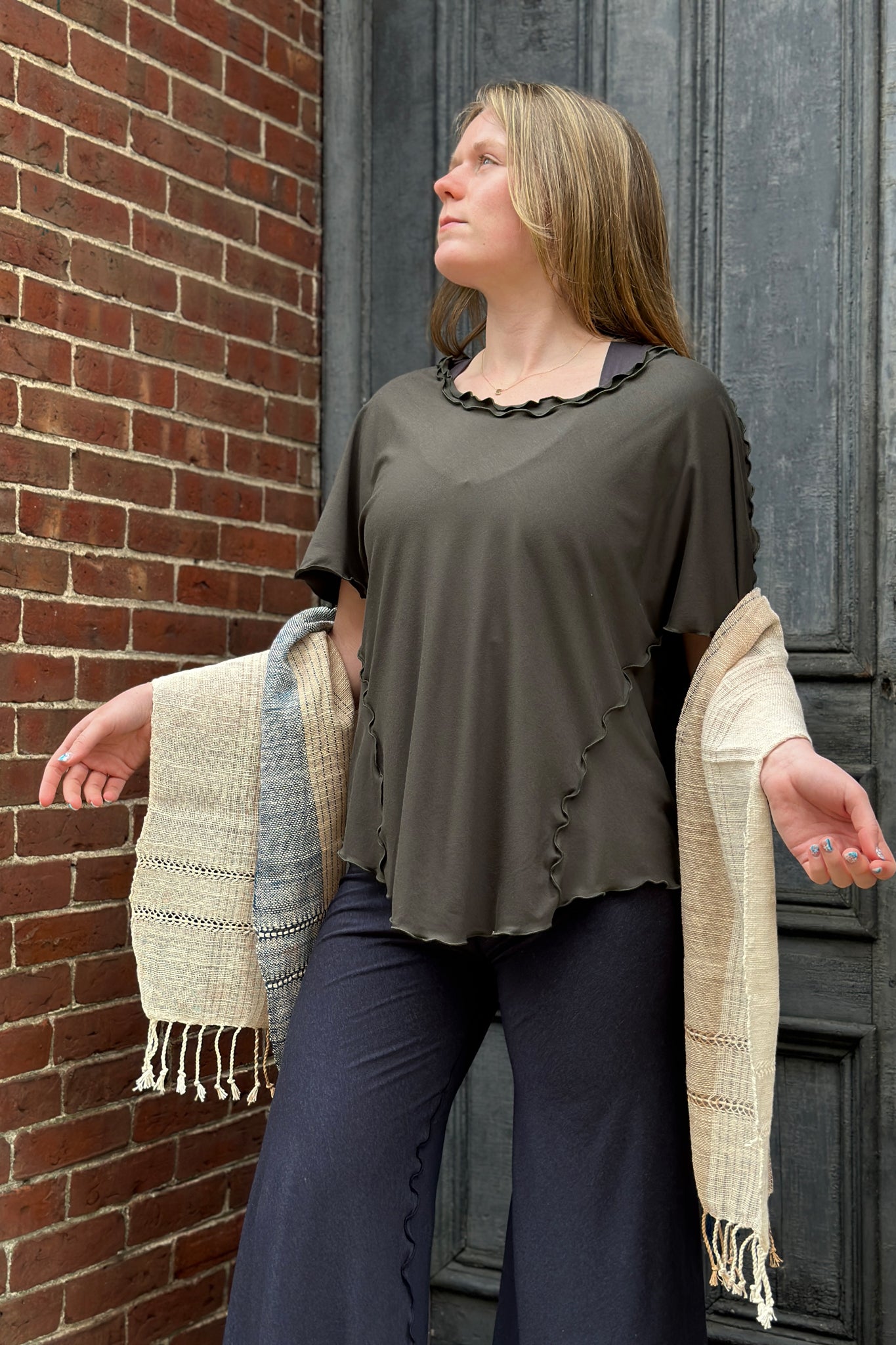 angelrox® sweet t in fir worn with midnight swirlsuit + shoreline shawl