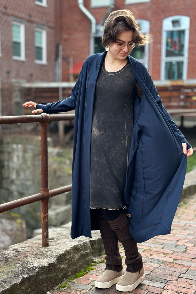 duster in navy bamboo over mineral glow dress