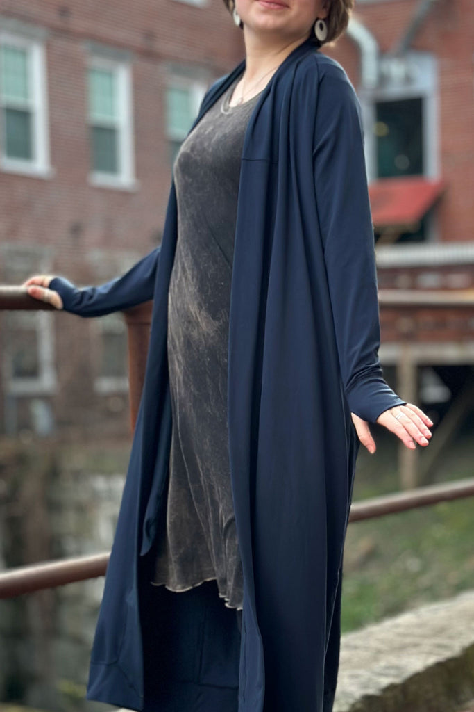 duster in navy bamboo over mineral glow dress
