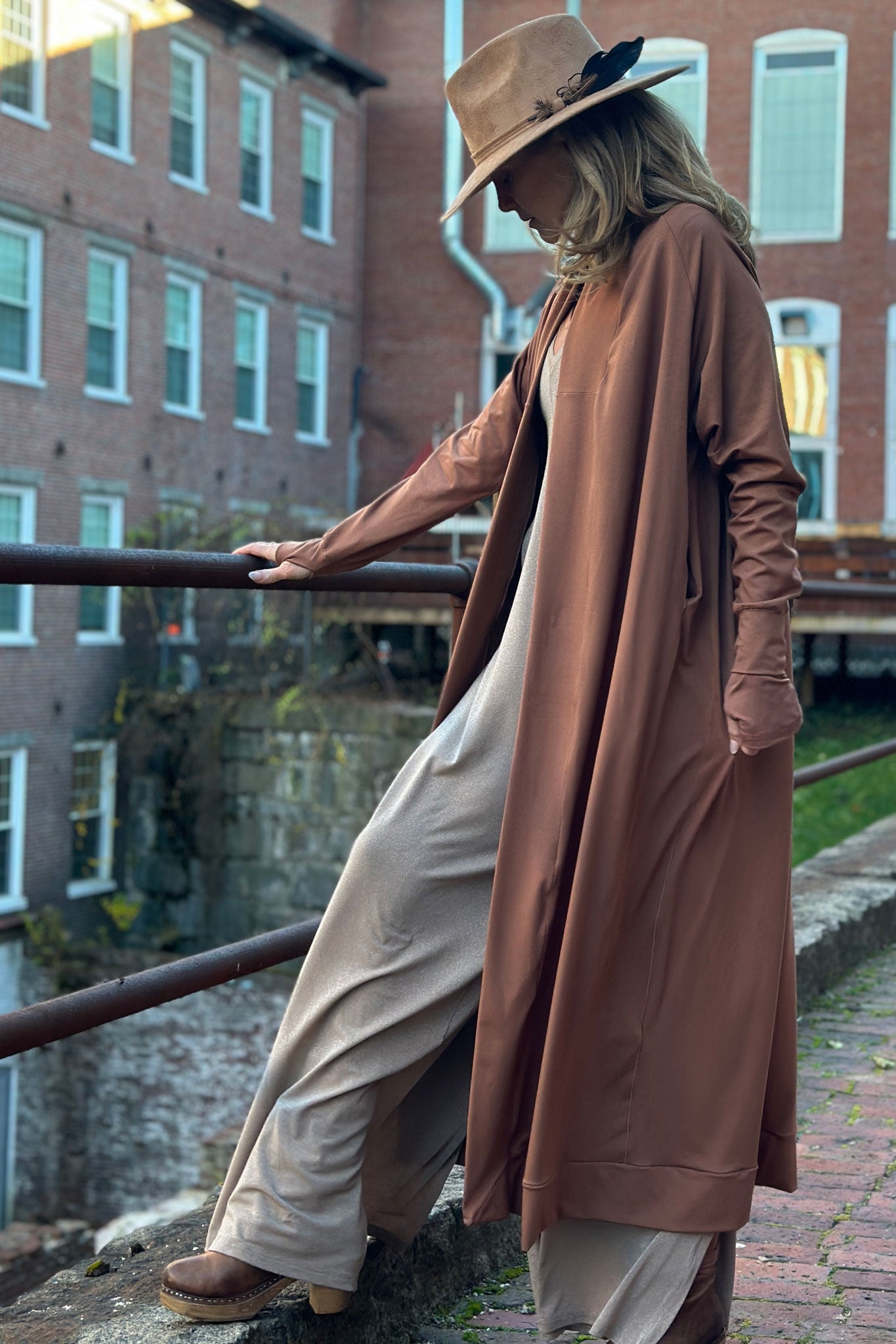 cedar bamboo duster with champagne shimmer farmer layered over a vneck + hug