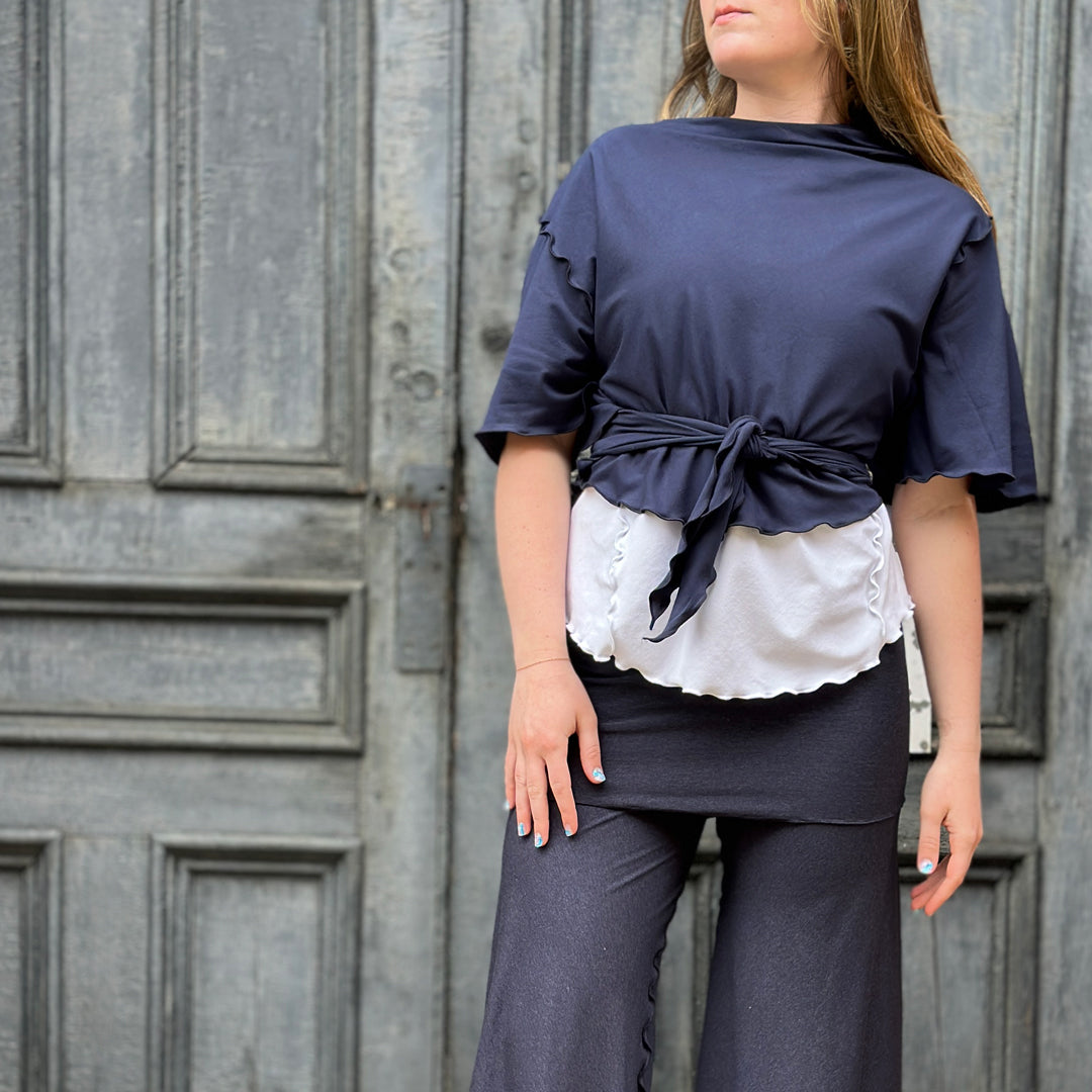 flutter summer jacket in navy styled over white sweet t + midnight swirlsuit