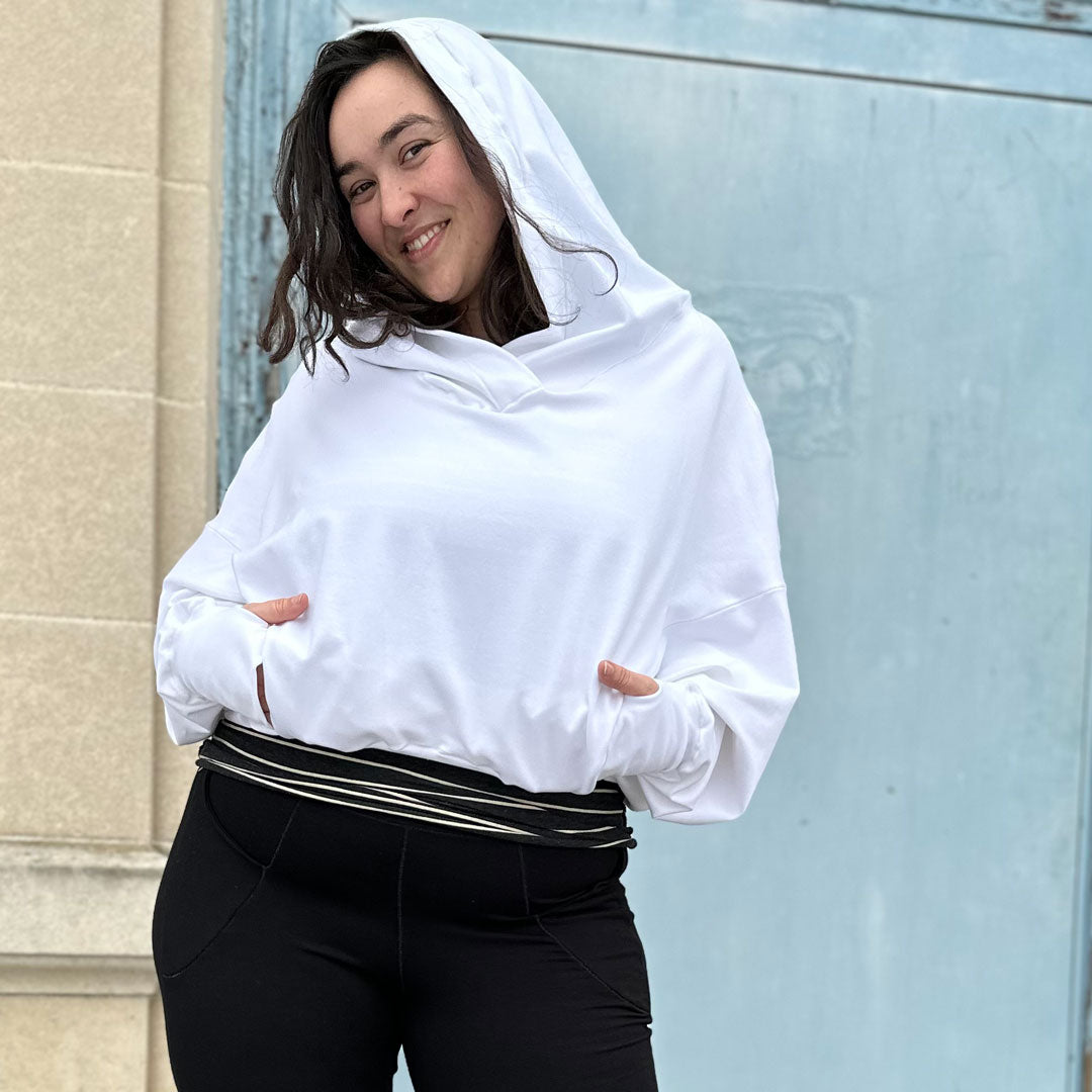 white terry BEACHCOMBER with yin stripe HOURGLASS + black terry YOGI