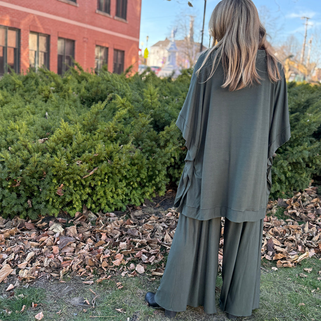 palazzo pants in pine with frida poncho in pine