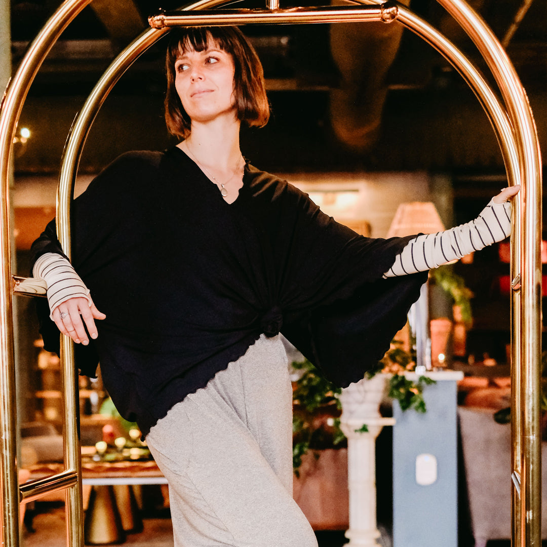 tissue black lil fox with yang stripe opera sleeves and gold shimmer farmer