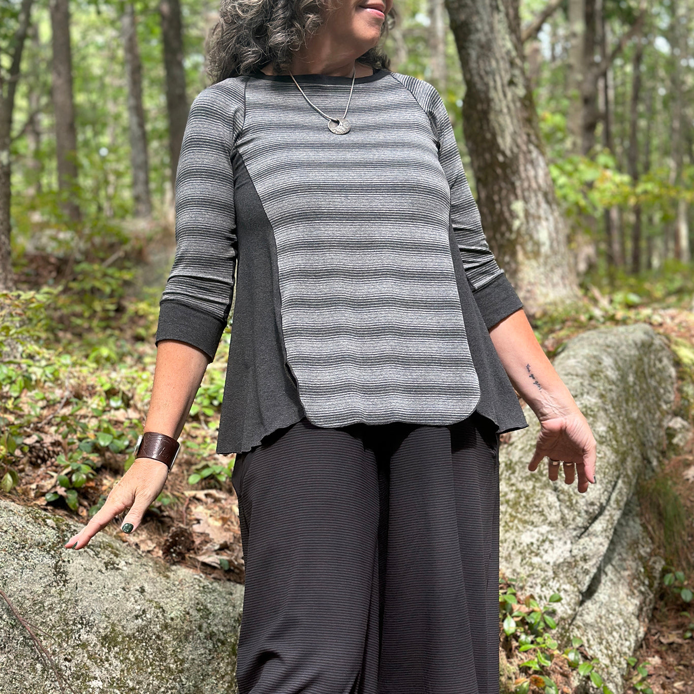 homerun shirt in city stripe/lava with farmer jumpsuit in subtle black