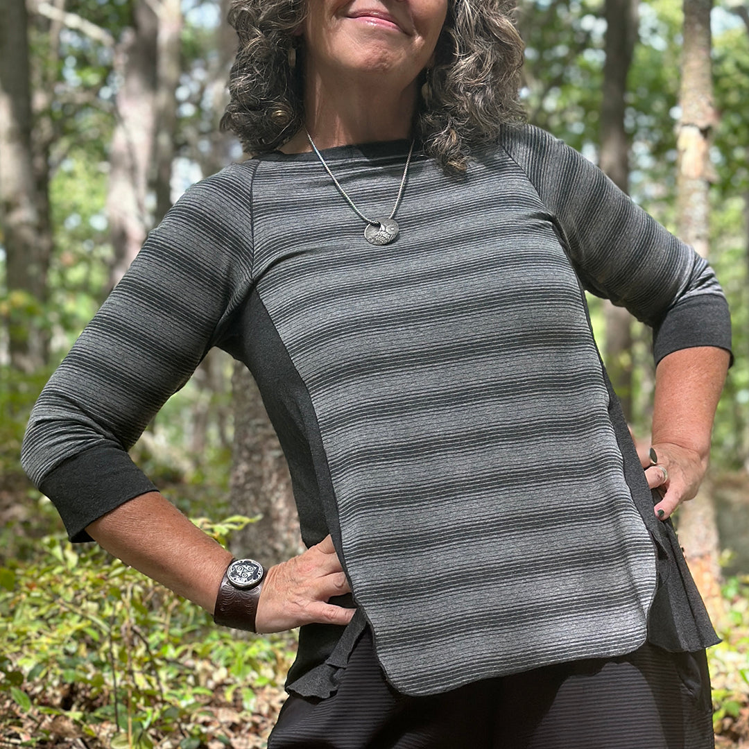 homerun shirt in city stripe/lava with farmer jumpsuit in subtle black