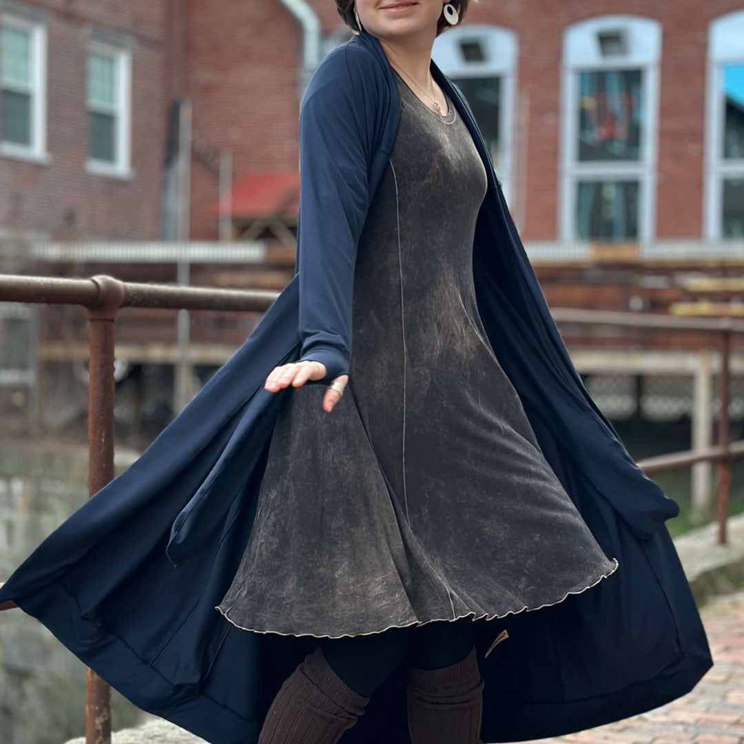 duster in navy bamboo over mineral glow dress