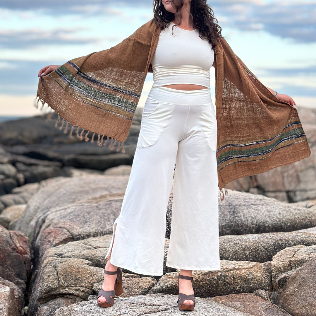 suger® shawl earth tribe worn with milk hug + milk harlow