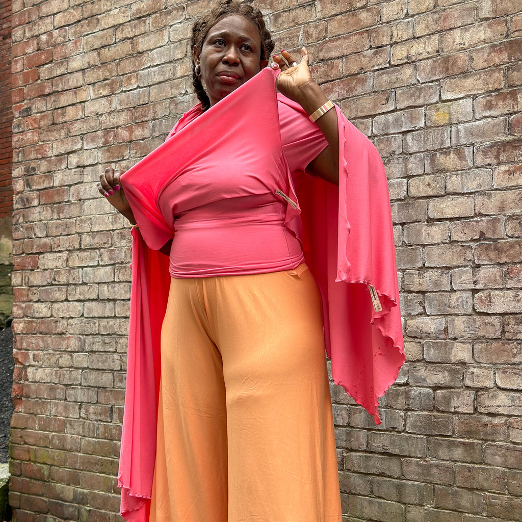 palazzo pant in tissue peach styled with the sola t + shawl in tissue berry