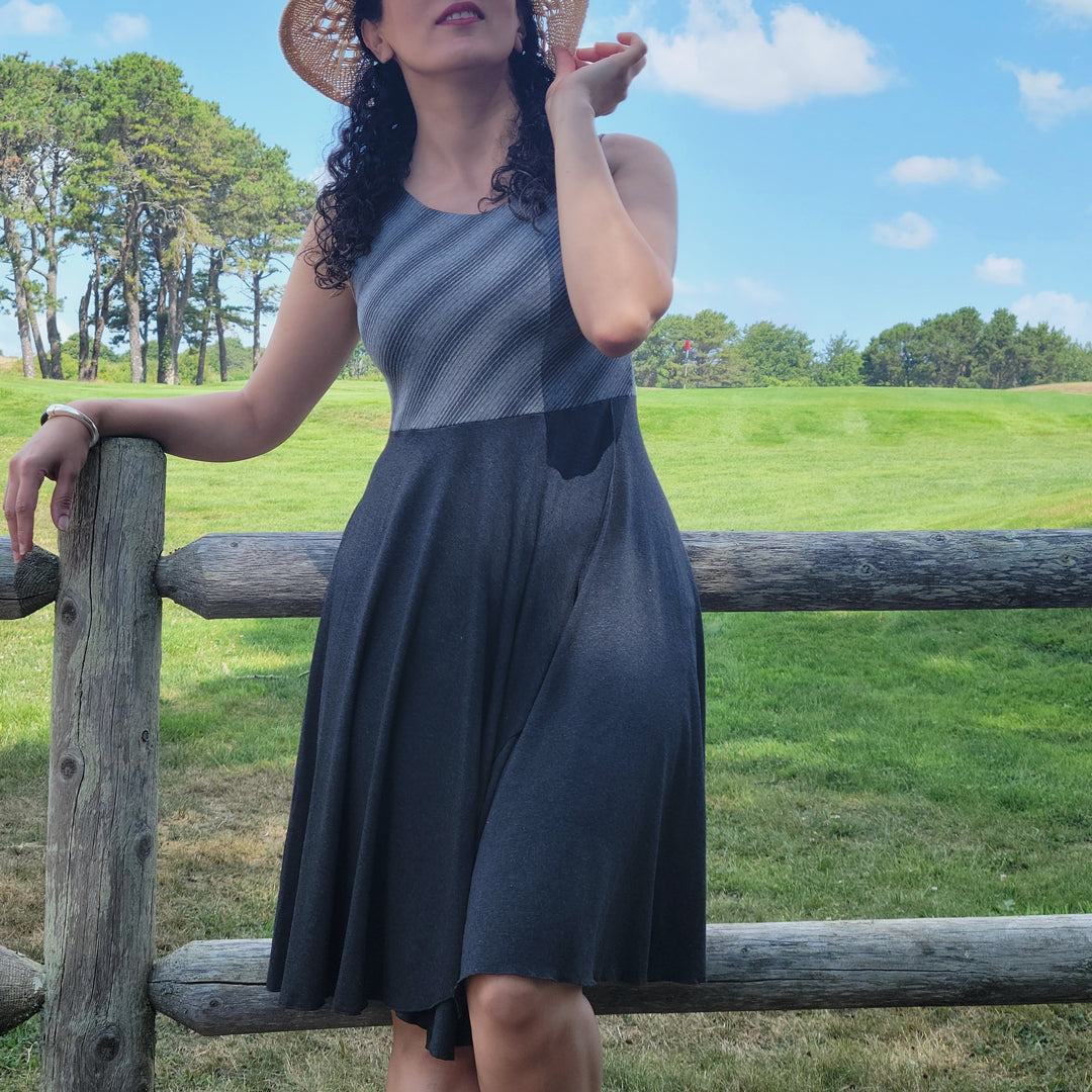 sail away dress in city stripe + lava heather combo