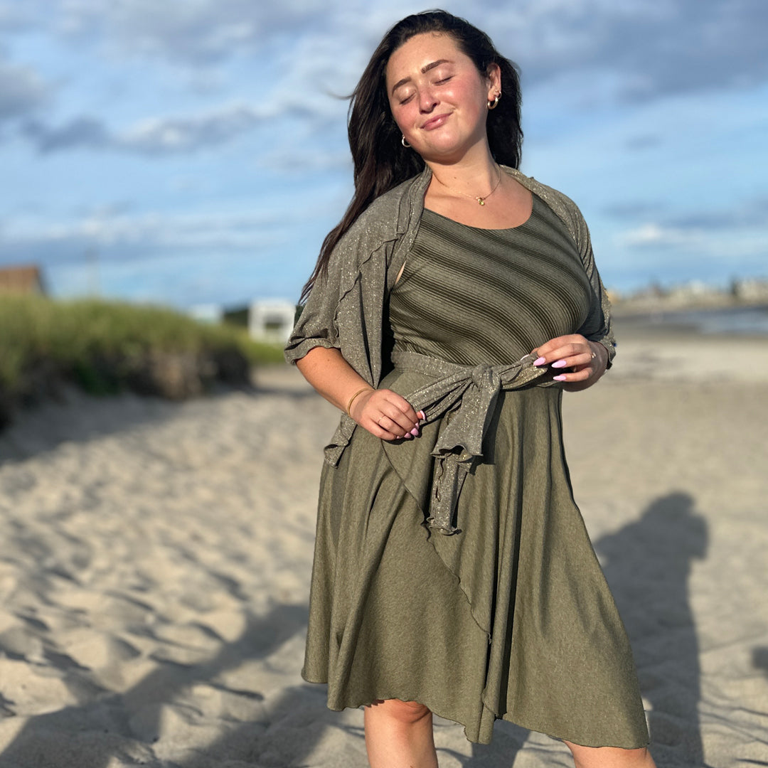 sail away dress in country stripe + sage heather combo with the gold shimmer girly wrap