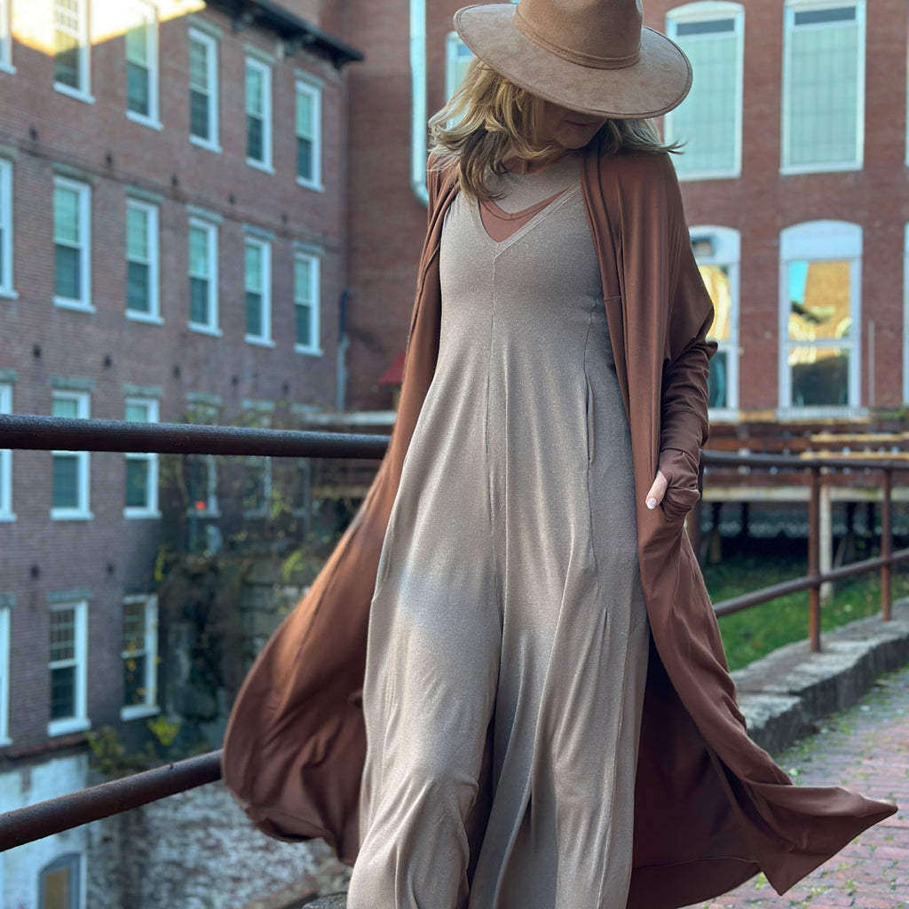 cedar bamboo duster with champagne shimmer farmer layered over a vneck + hug