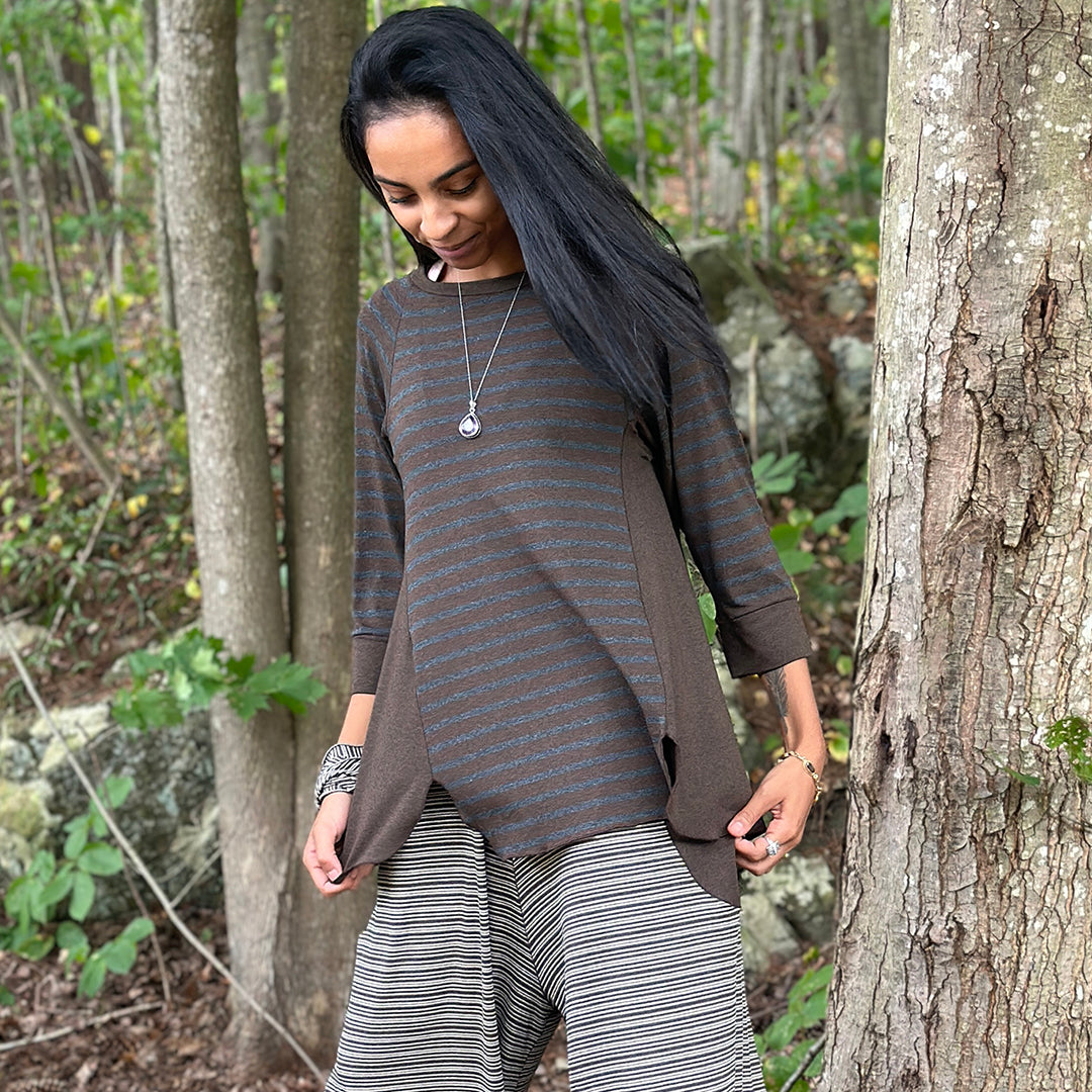 homerun shirt in woodland/espresso and farmer in earth stripe