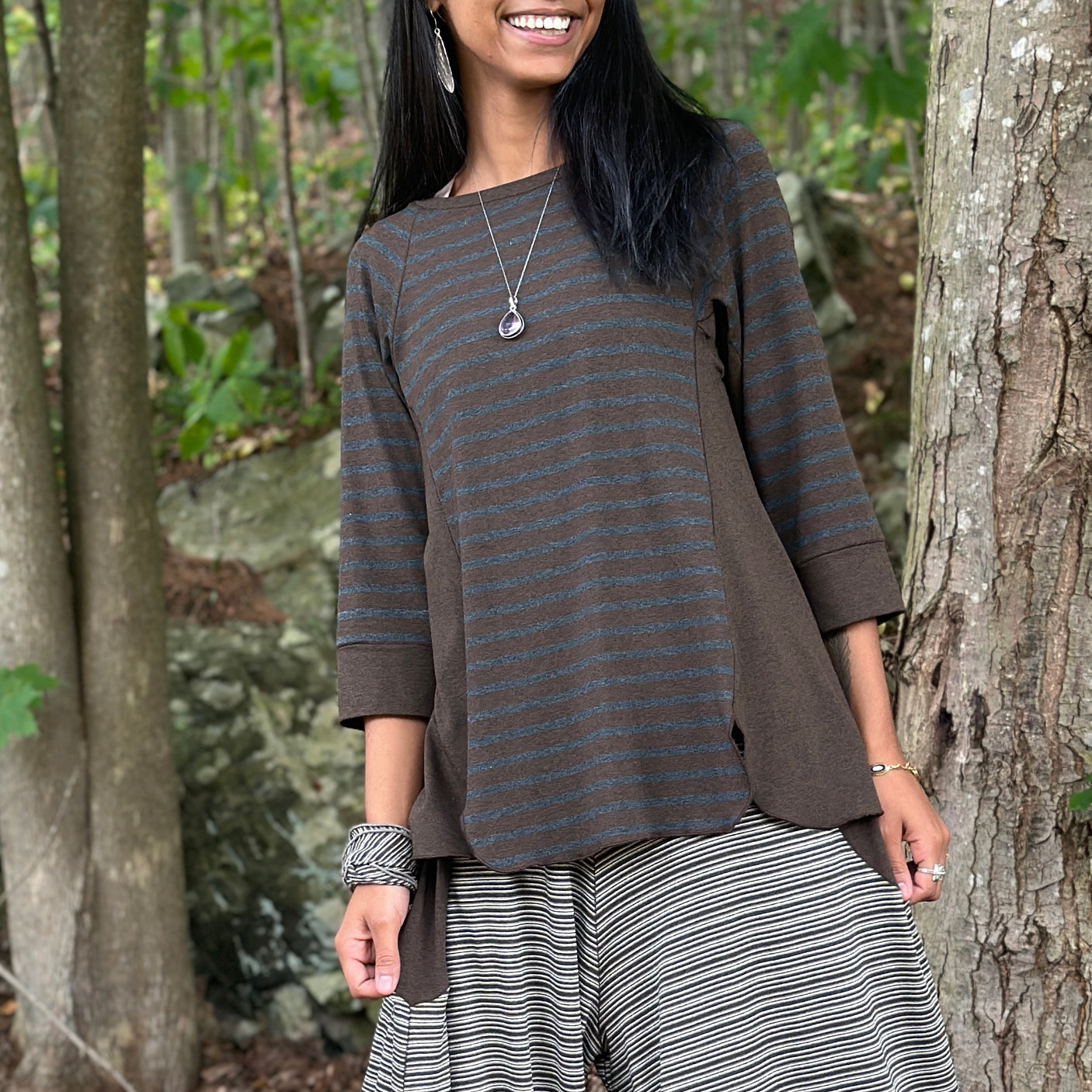 homerun shirt in woodland/espresso and farmer in earth stripe