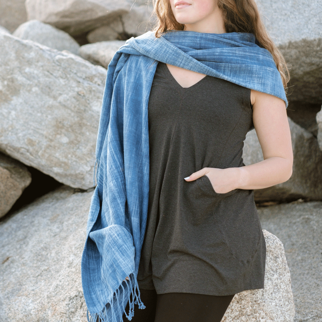 suger® sun blessed cotton shawl worn with lava sprout
