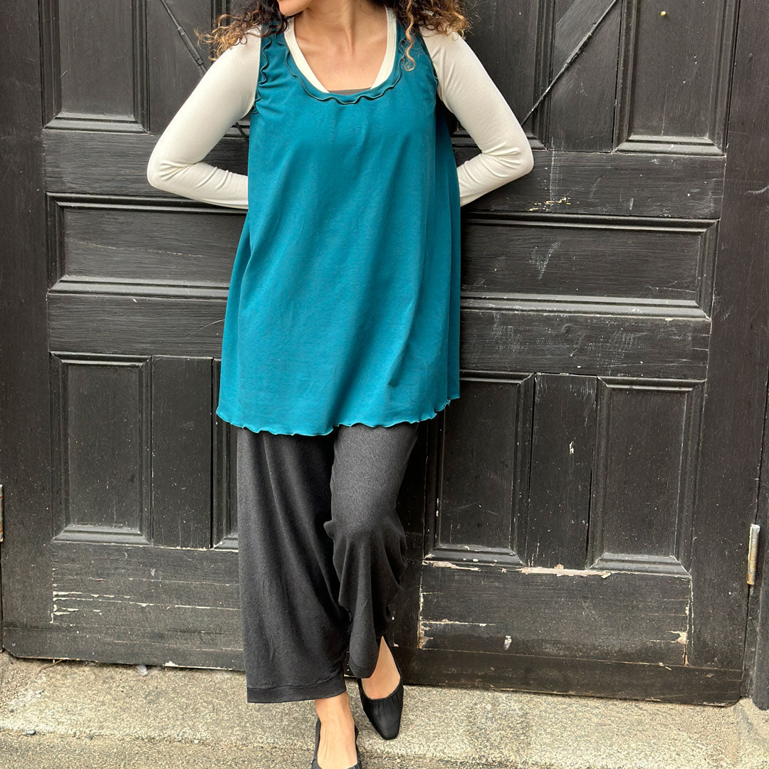 bloom pant in lava with the shift tank in azure bamboo