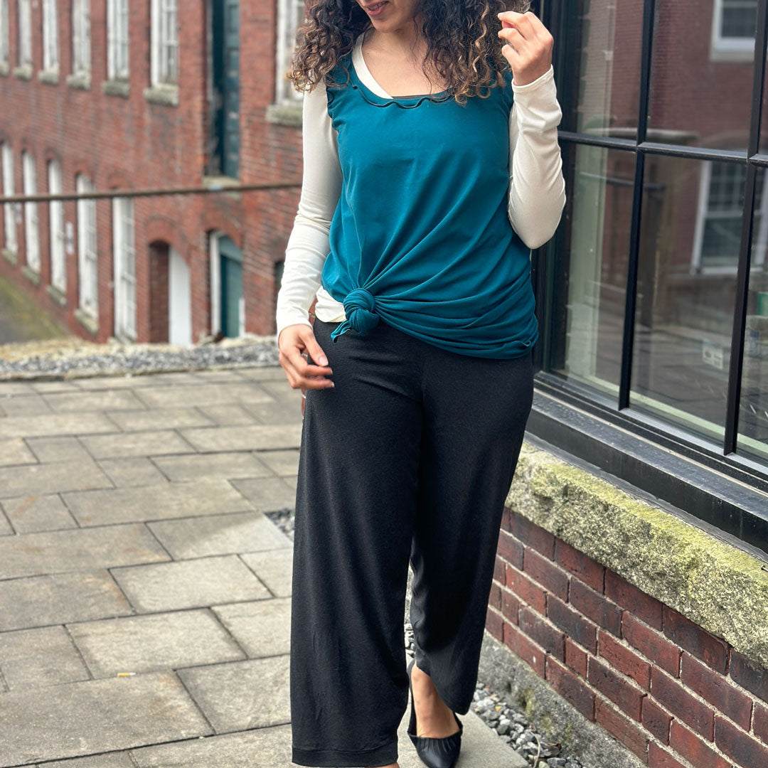 bloom pant in lava with the shift tank in azure bamboo