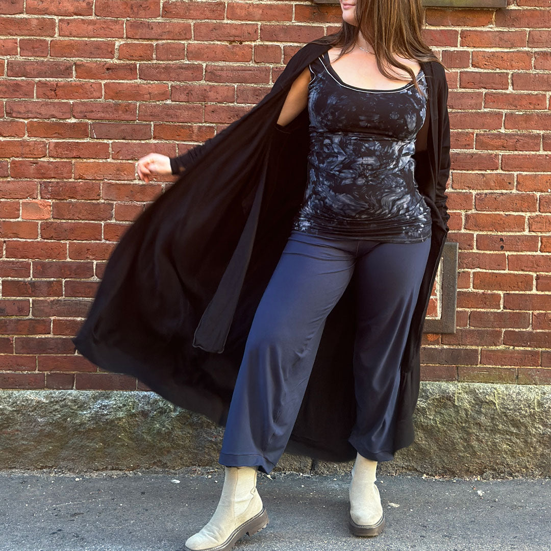 navy bloom pant with crush wifey and black duster