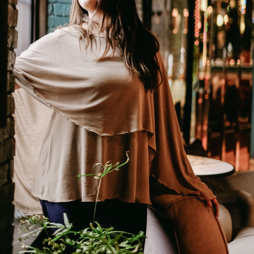 champagne shimmer mantra with midnight heather palazzo pants