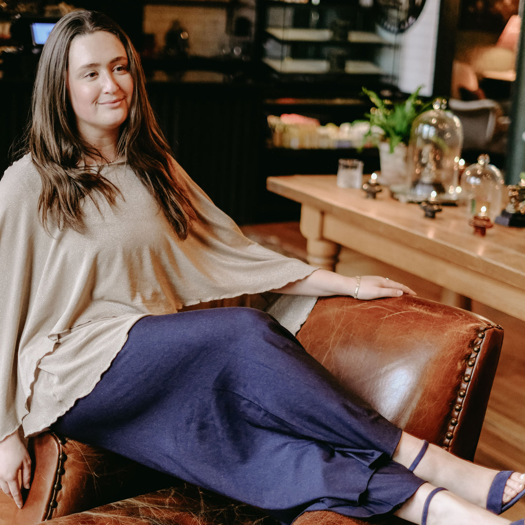 champagne shimmer mantra with midnight heather palazzo pants