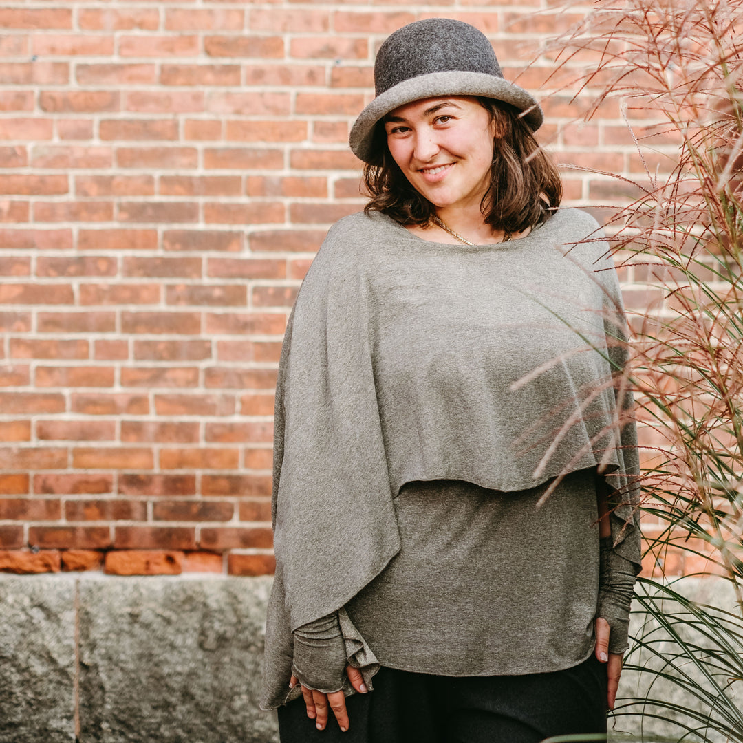 gold shimmer mantra + aria sleeves with lava heather palazzo pants