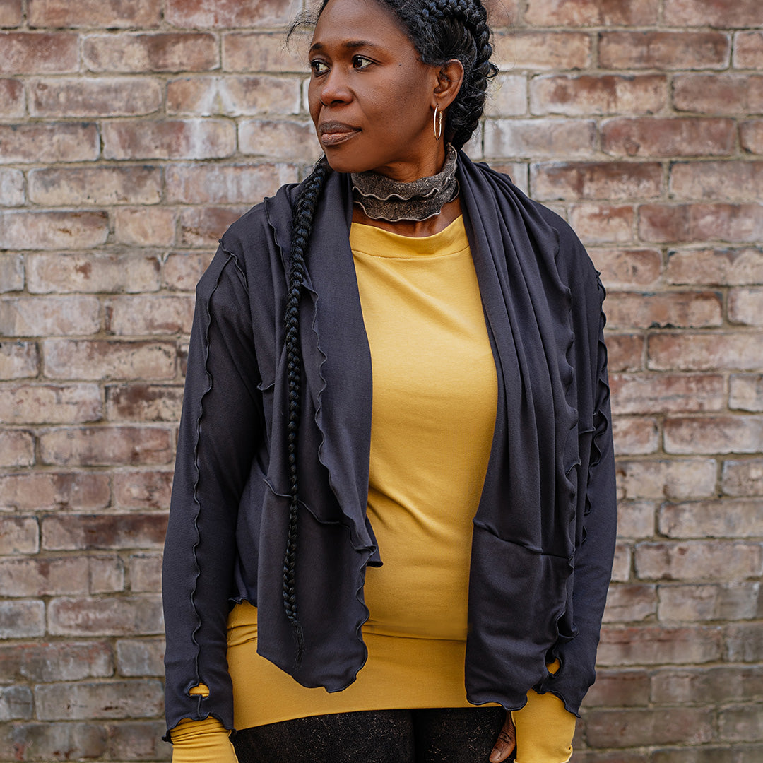 band in mineral around the neck with flash top in amber and carbon cardi jacket