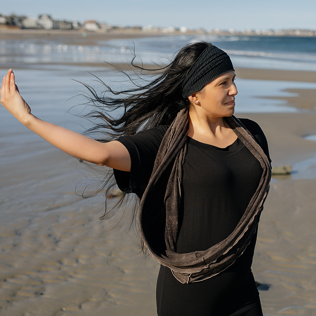flash off shoulder top in black worn with loop in mineral and band in subtle black as a headband