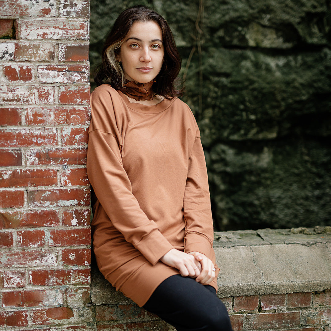 terry welder pullover in cedar with almond band around neck