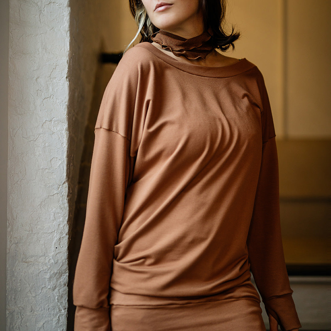 terry welder pullover in cedar with almond band around neck