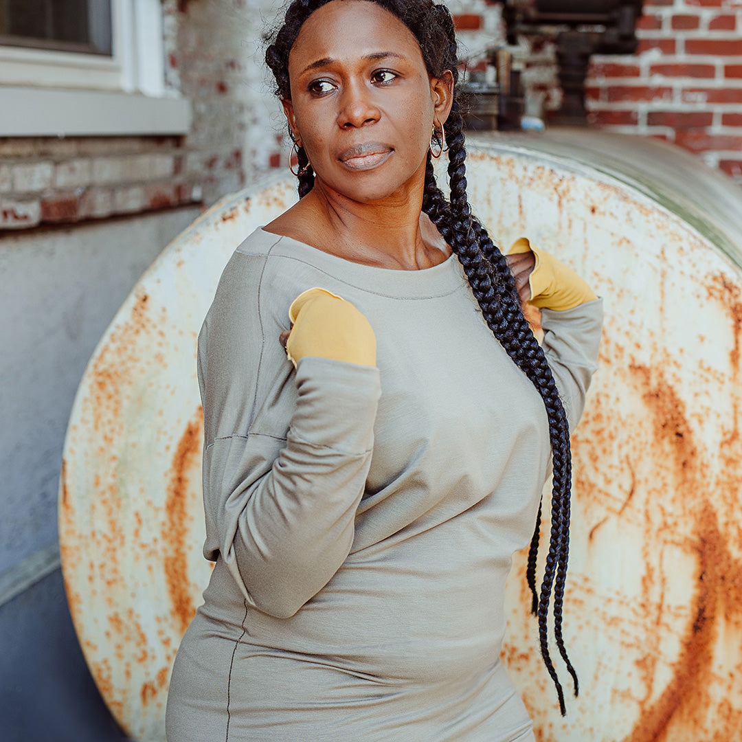 terry welder pullover in clay with amber opera sleeves