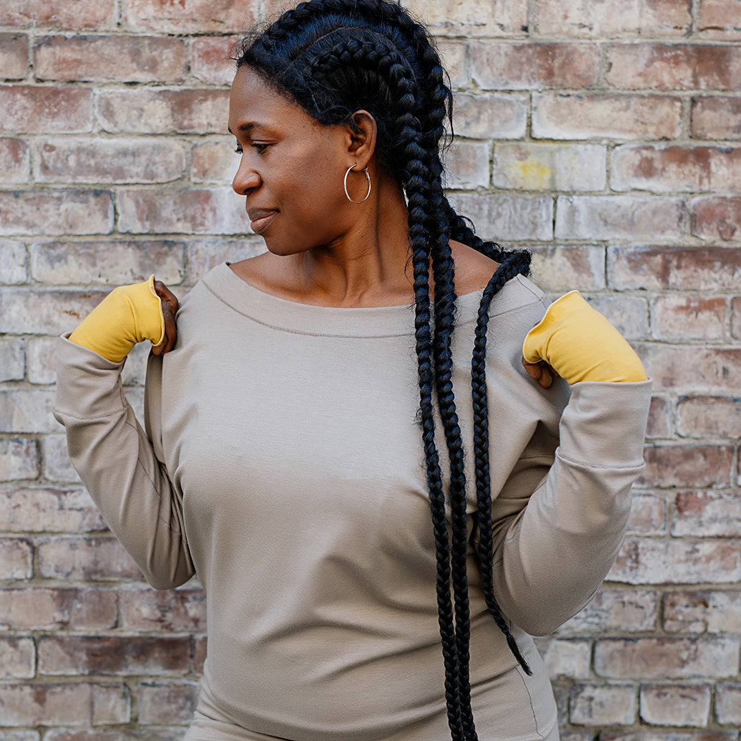 terry welder pullover in clay with amber opera sleeves