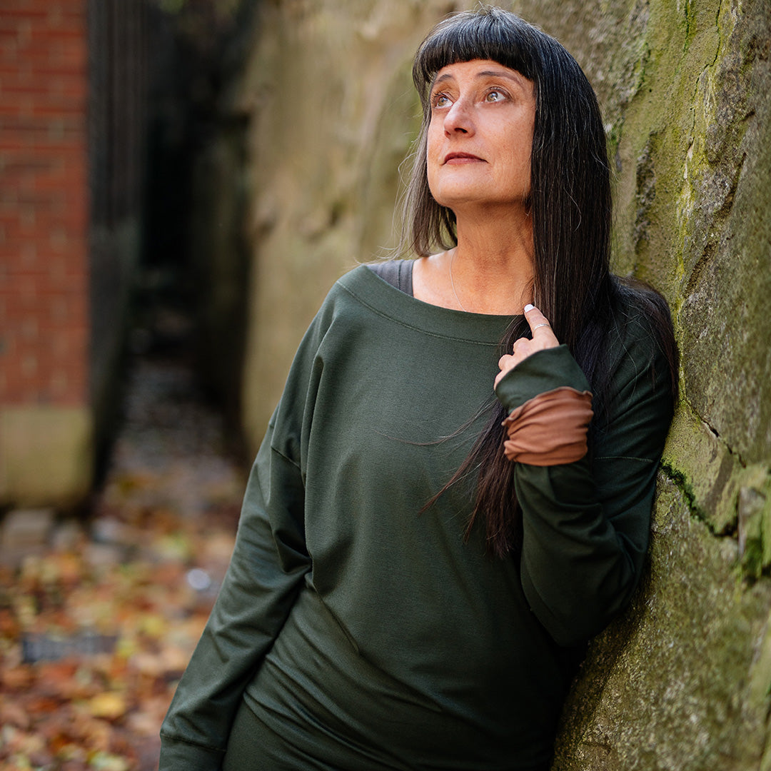 terry welder pullover in fir with cedar band on wrist