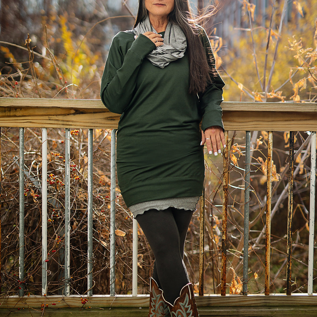 terry welder pullover in fir with mercury hourglass and loop