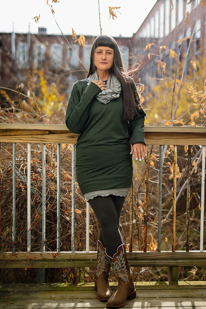 terry welder pullover in fir with mercury hourglass and loop