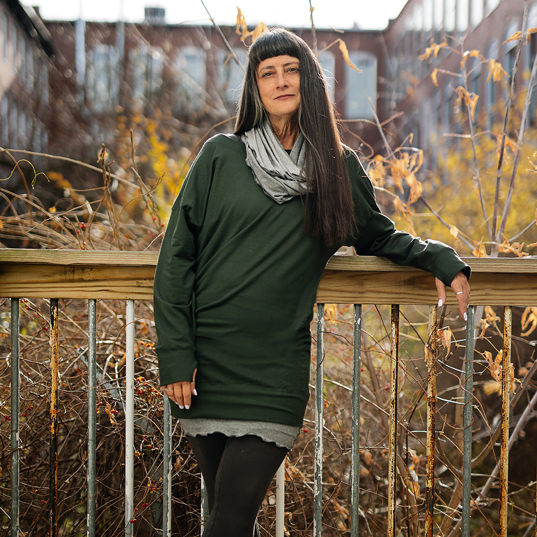 terry welder pullover in fir with mercury hourglass and loop