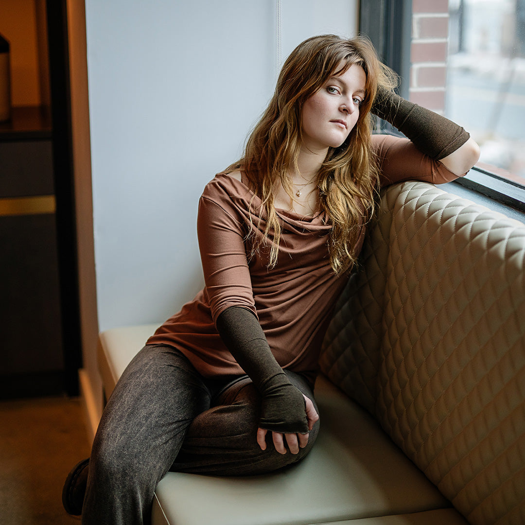 grace cowl neck top in cedar with espresso opera sleeves and mineral trouser