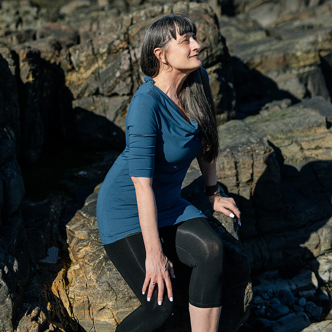 grace cowl neck half sleeve top in lake paired with black capri