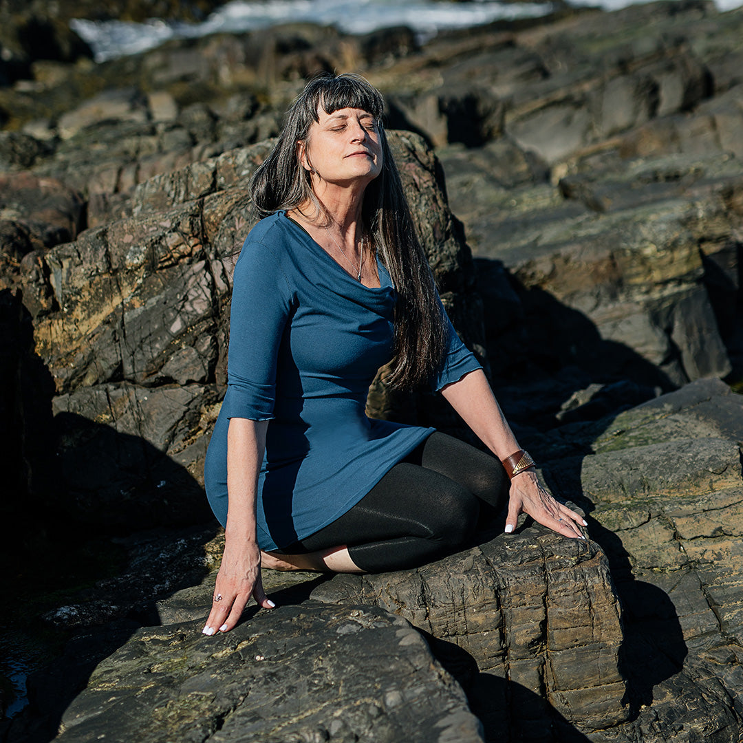 grace cowl neck half sleeve top in lake paired with black capri