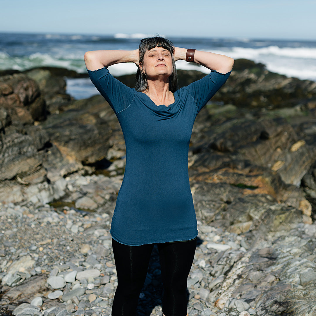 grace cowl neck half sleeve top in lake paired with black capri